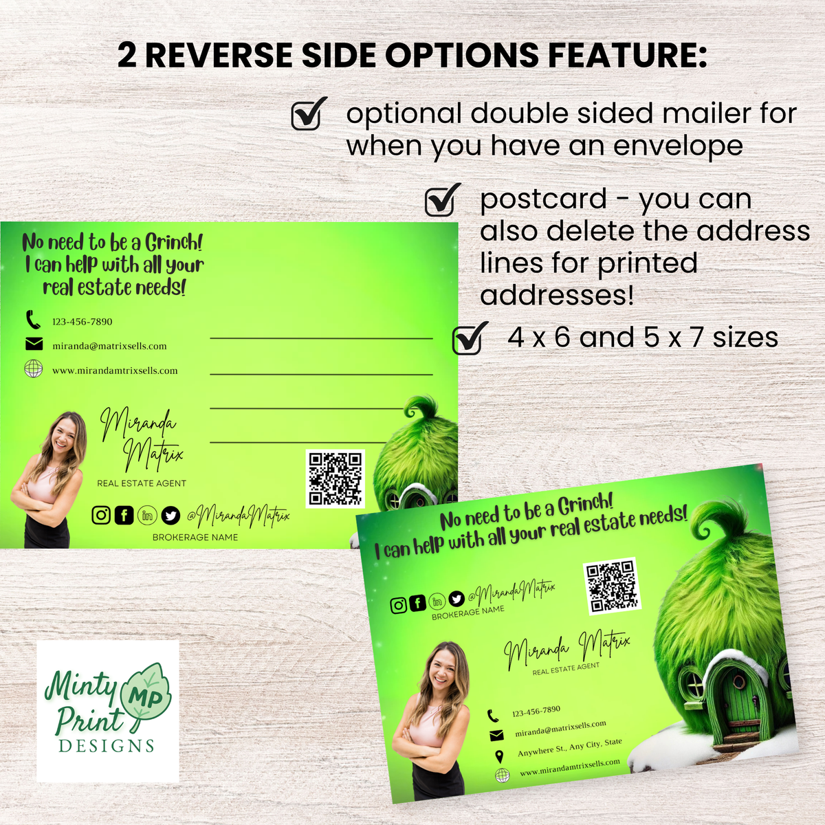 Green holiday grouch real estate marketing card with Christmas ornaments and candy canes