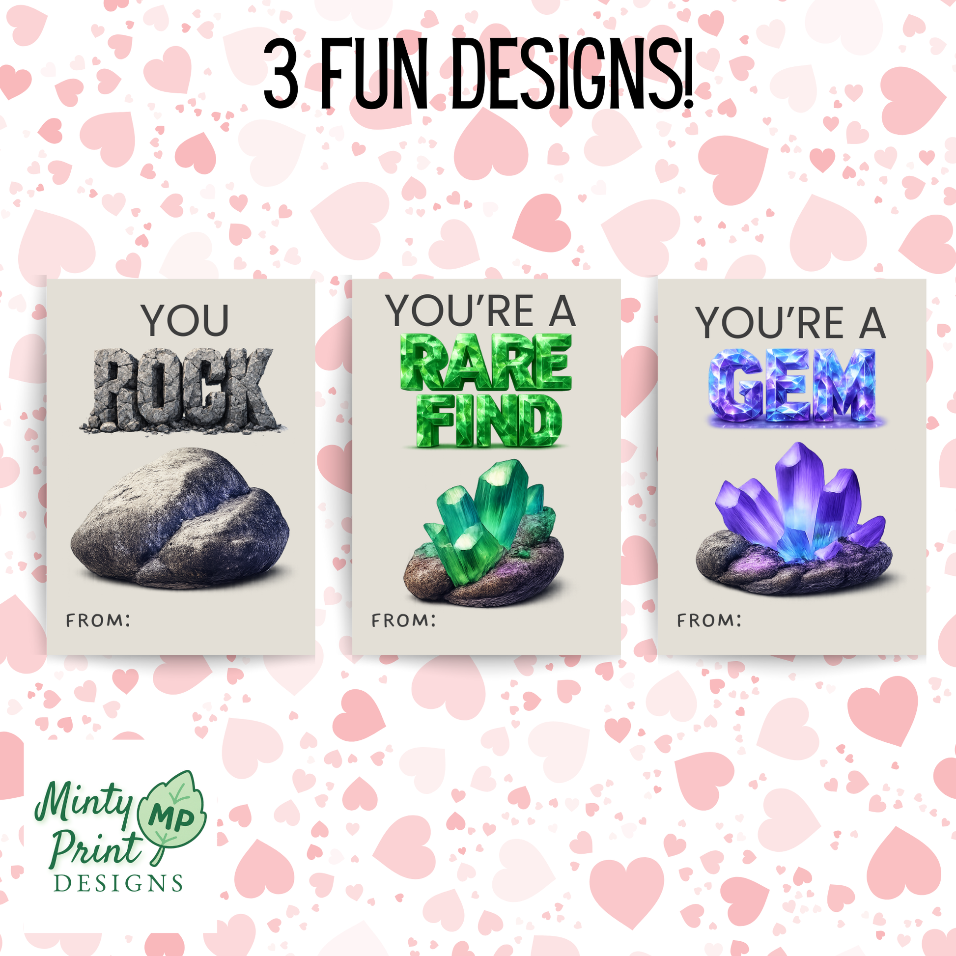 Printable rock valentines for boys featuring You Rock, You’re a Gem, and Rare Find classroom cards