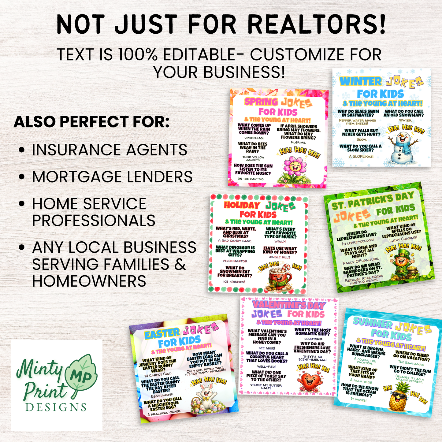 Editable seasonal joke pop-by tags customizable for Realtors, mortgage lenders, insurance agents, and small businesses
