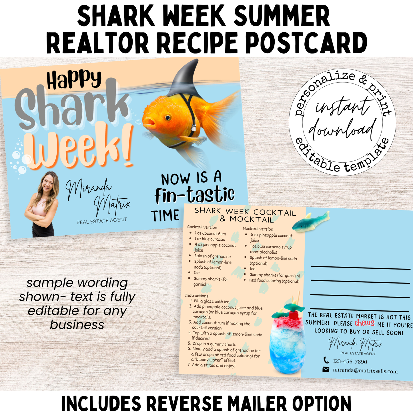 Shark Week real estate postcard with cocktail and mocktail recipe featuring blue layered drink and gummy shark garnish for summer client marketing