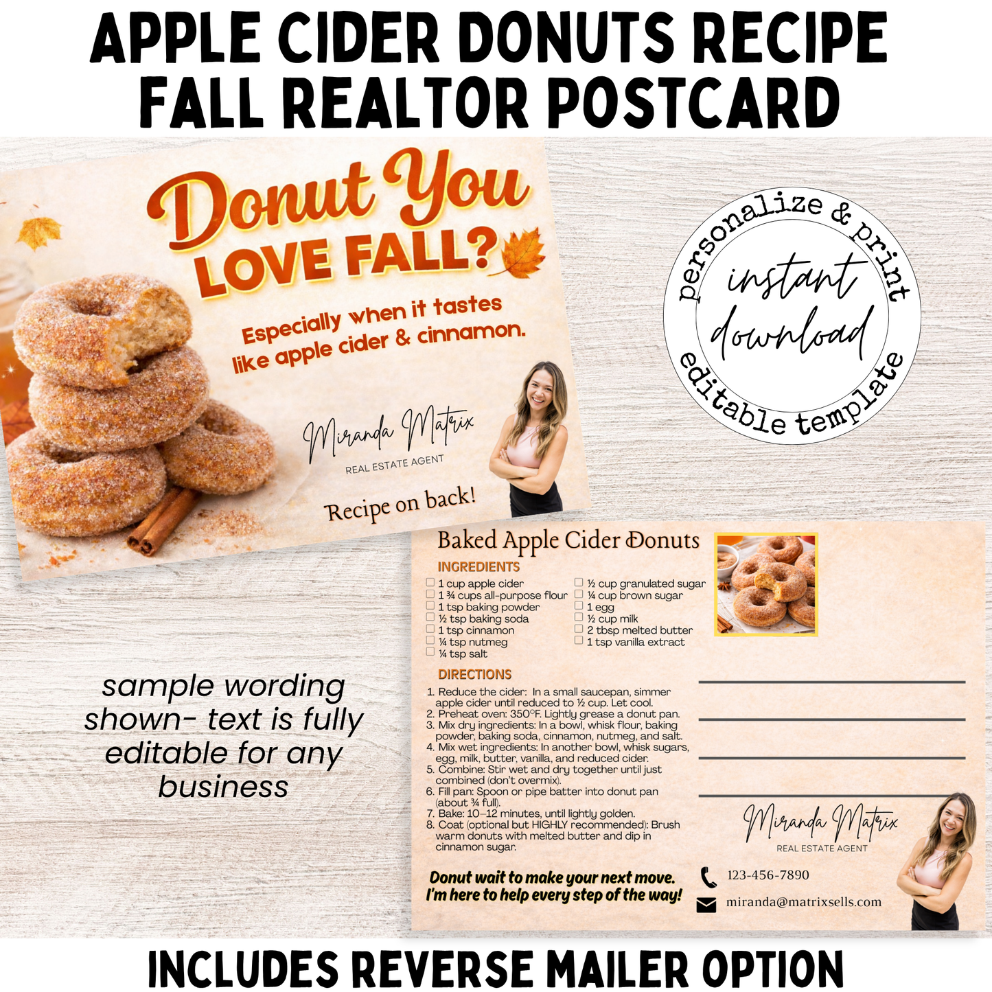 Apple cider donuts fall postcard design for real estate marketing