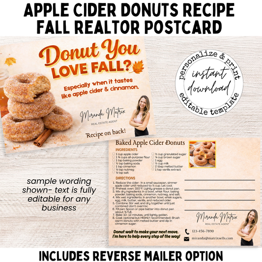 Apple cider donuts fall postcard design for real estate marketing