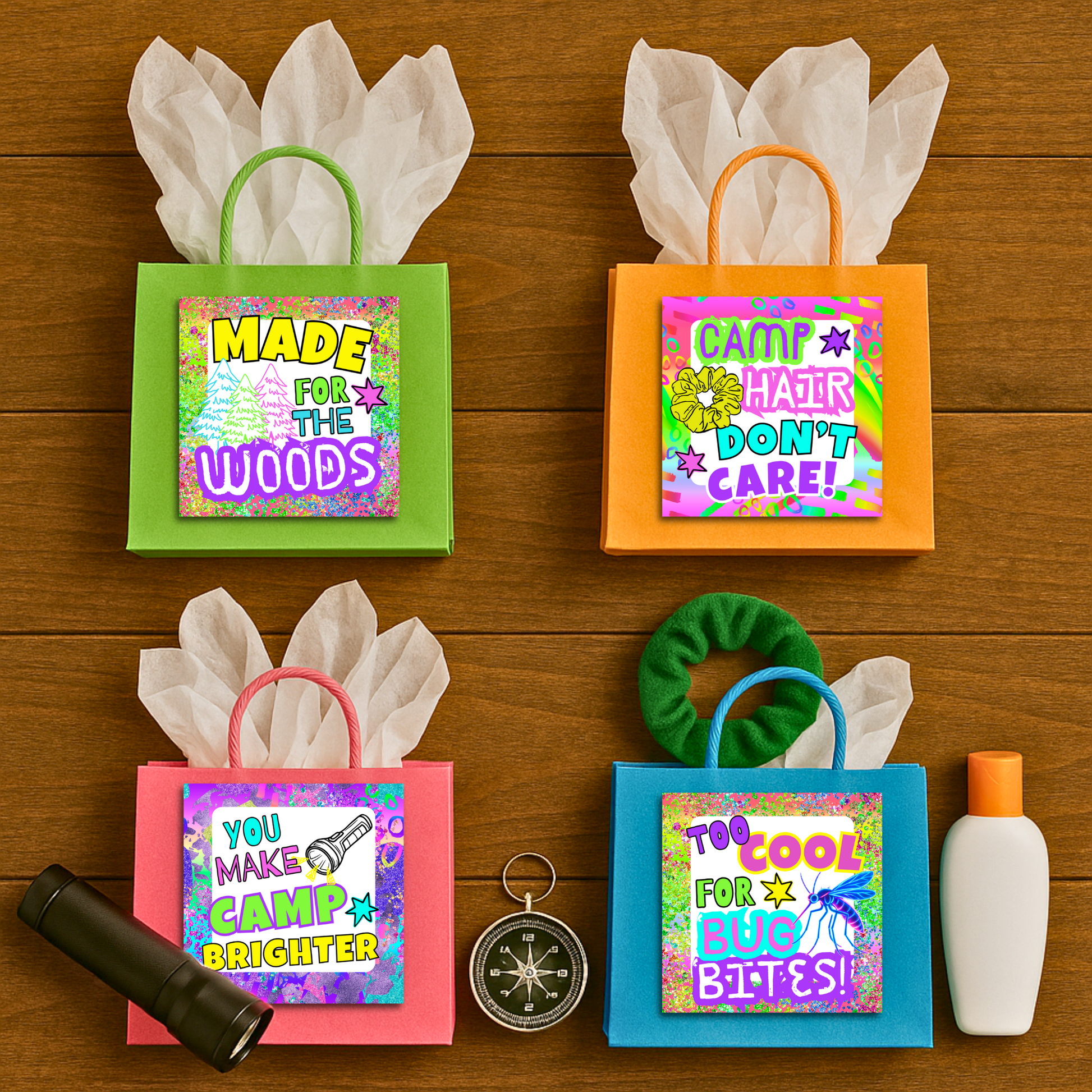 Two printable camp gift tags with fun sayings and colorful neon designs, perfect for summer camp care packages.