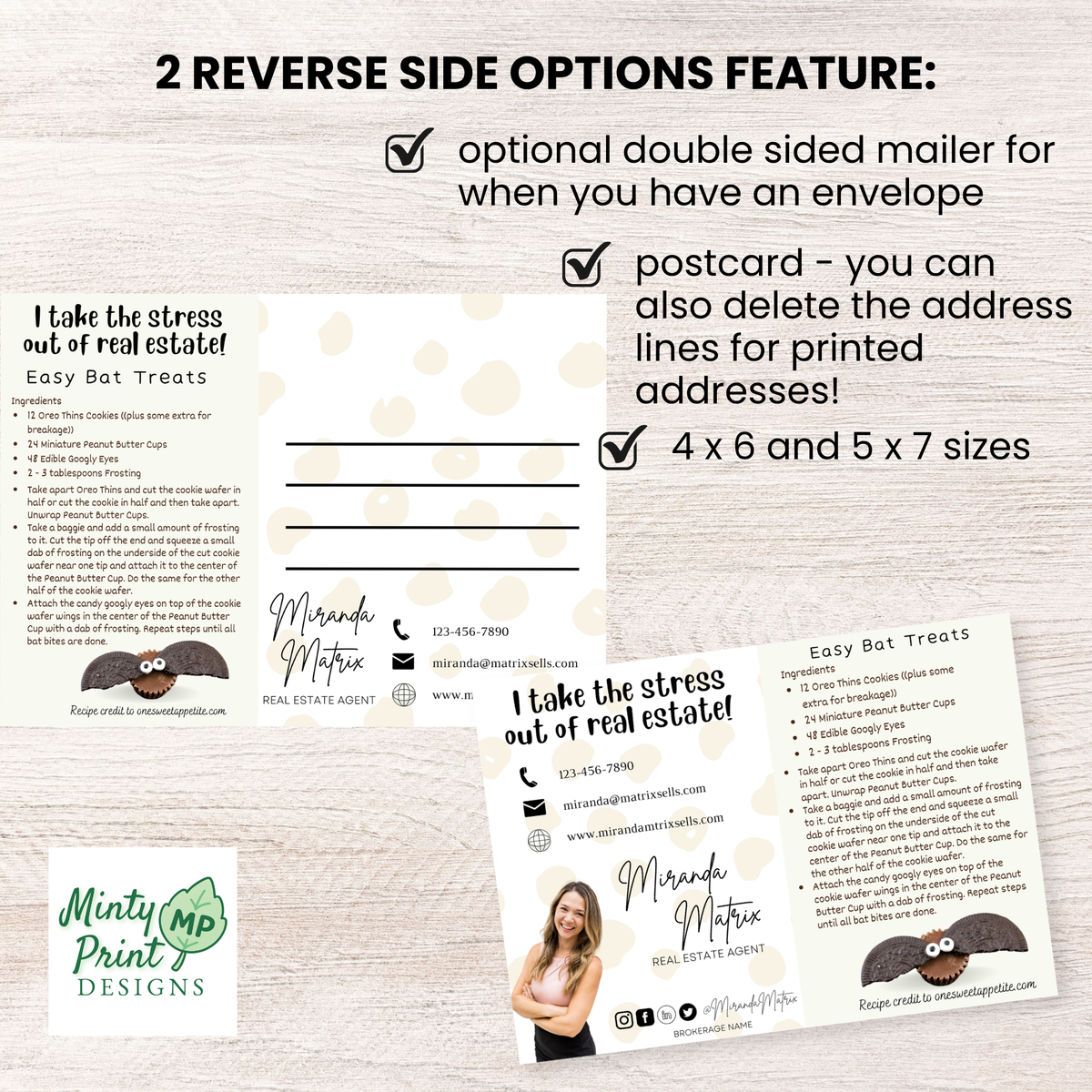 Halloween real estate recipe postcard with realtor photo, contact information and Easy Bat Treats recipe