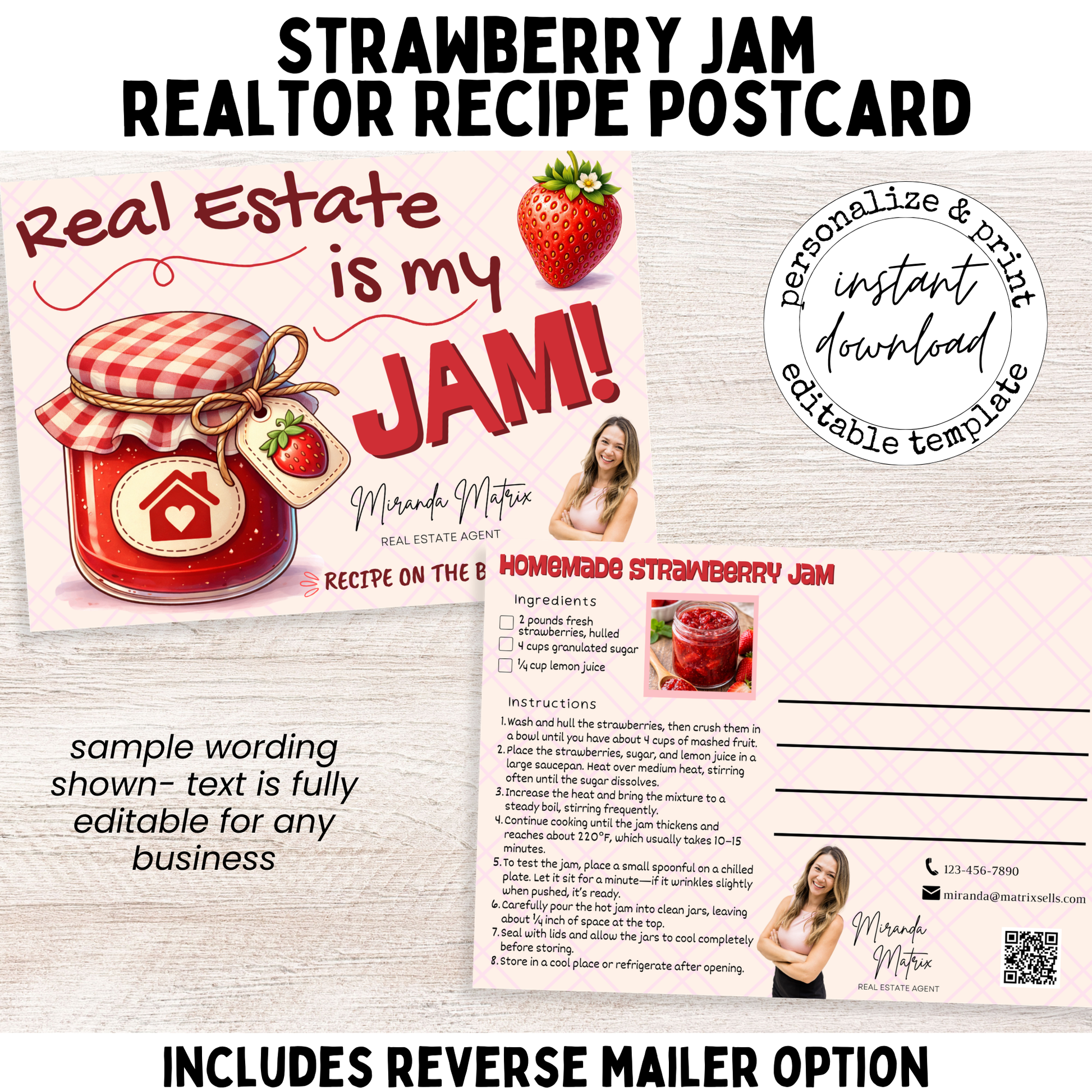 Real Estate is My Jam realtor postcard template with strawberry jam jar illustration and customizable agent branding.