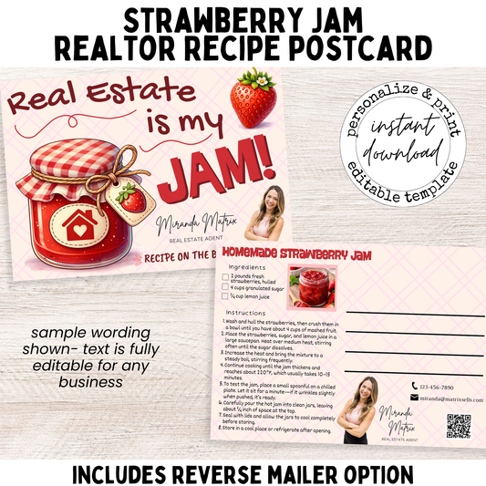 Real Estate is My Jam realtor postcard template with strawberry jam jar illustration and customizable agent branding.
