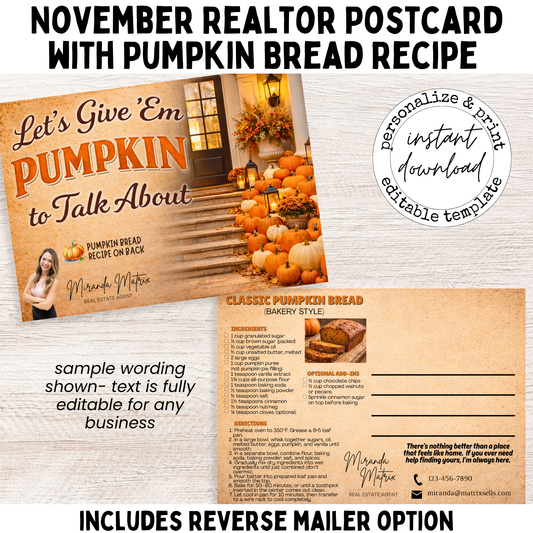 Vintage fall postcard with pumpkins on porch and “Let’s Give ’Em Pumpkin to Talk About” text