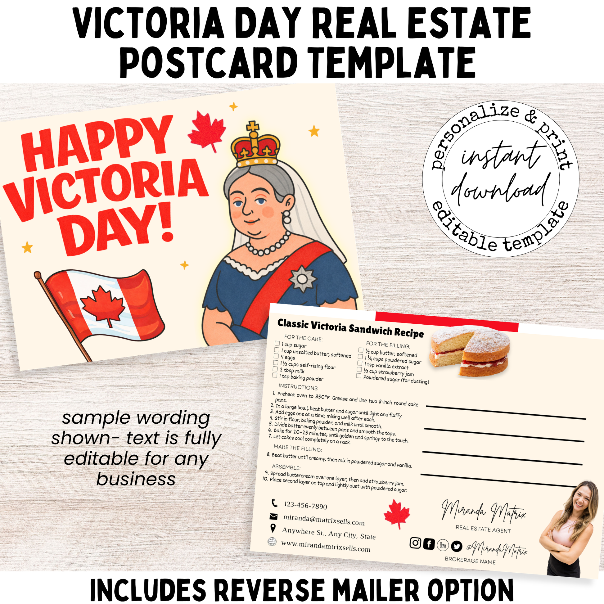 Victoria Day real estate postcard template with bold red lettering, Canadian flag illustration, and Queen Victoria design