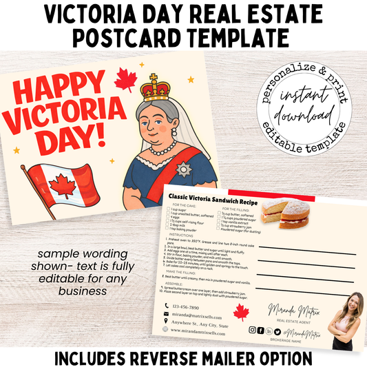 Victoria Day real estate postcard template with bold red lettering, Canadian flag illustration, and Queen Victoria design