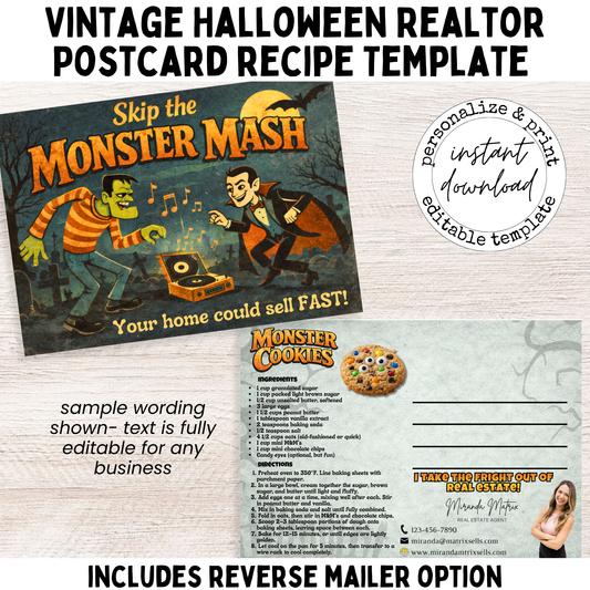 Vintage Halloween realtor postcard with Monster Mash theme and coordinating Monster Cookies recipe card design