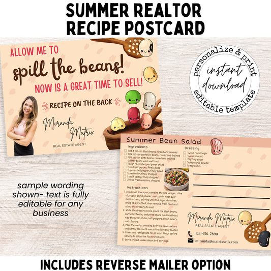 Spill the Beans realtor postcard template with cute bean illustrations and customizable real estate agent branding.
