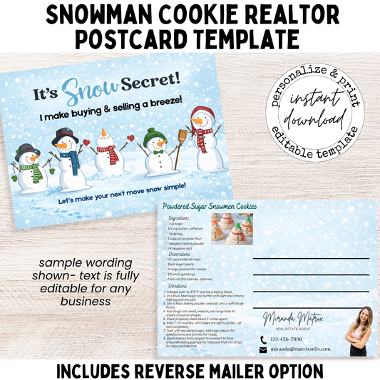 Snowman cookie realtor postcard template winter marketing Canva design