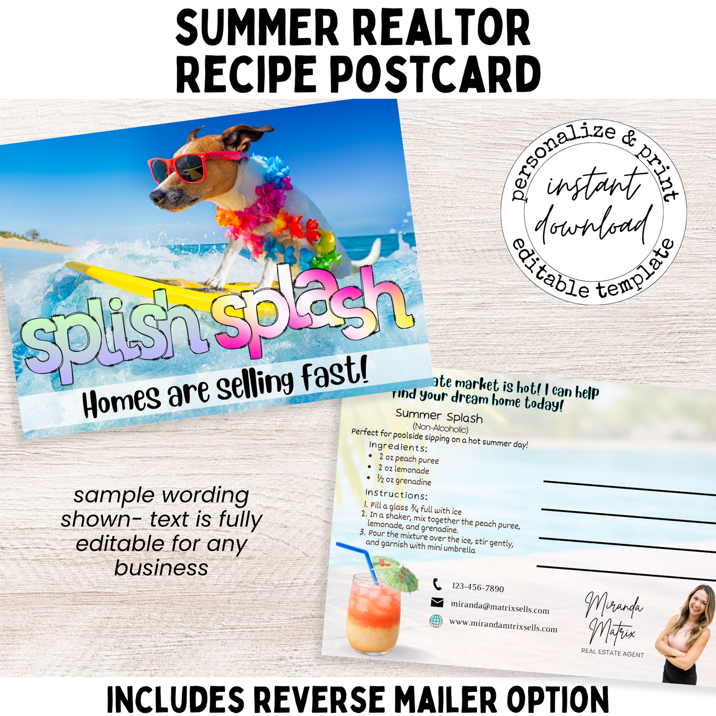Funny summer realtor postcard with surfing dog and splish splash homes selling fast text