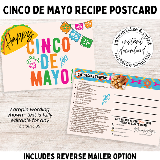 Happy Cinco de Mayo postcard design with taco illustration and colorful fiesta banner for real estate marketing template.