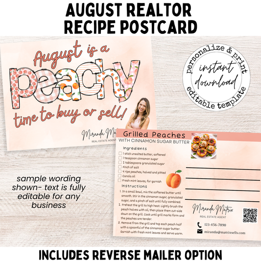 August peach themed realtor postcard template with grilled peaches recipe editable in Canva