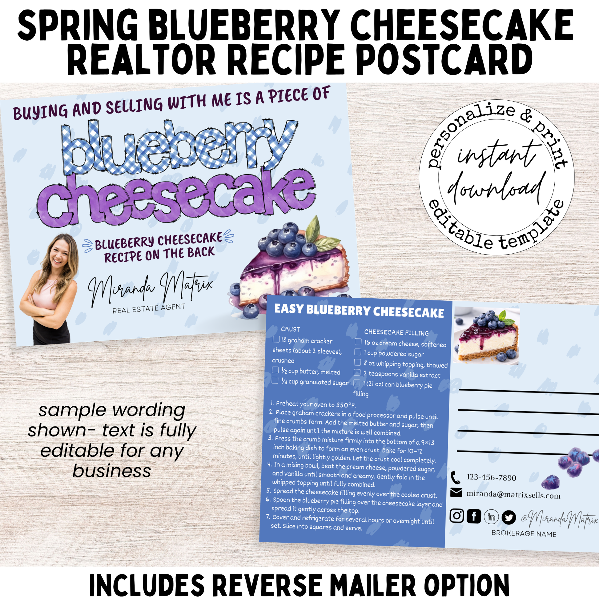 1.	Spring blueberry cheesecake realtor recipe postcard template editable in Canva for real estate marketing.