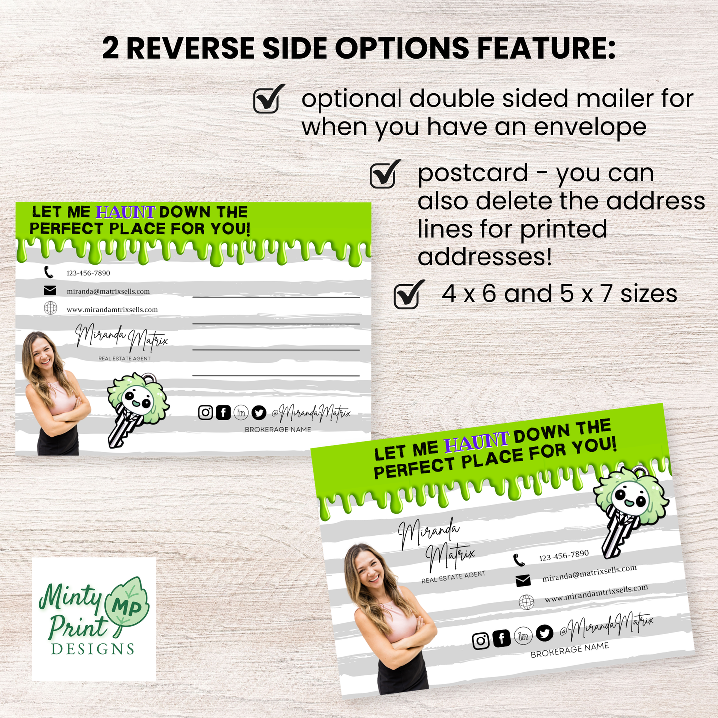Halloween real estate marketing Canva template with a haunted house theme, playful ghostly character, Realtor contact information, and editable postcard design.