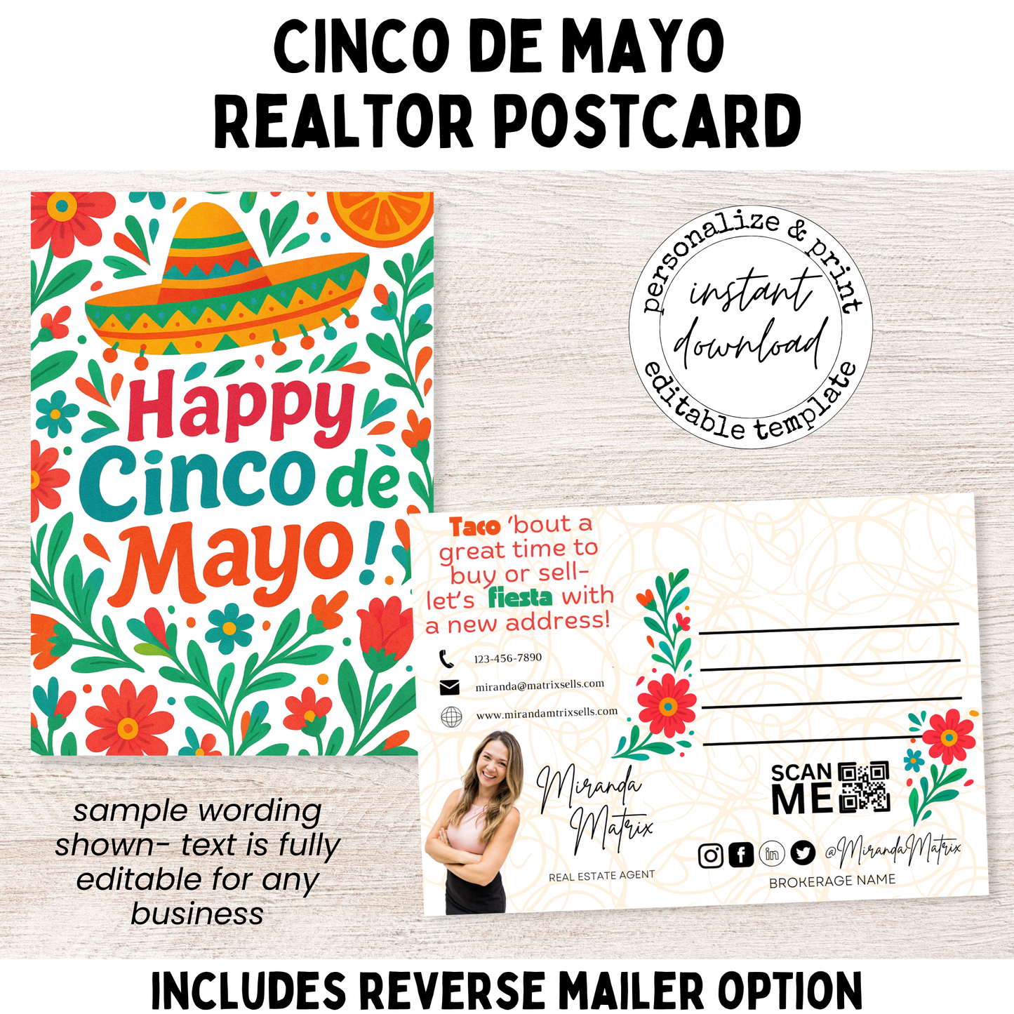 Cinco de Mayo realtor postcard template with colorful sombrero and floral design, editable Canva real estate marketing postcard with front and back mailer layout.
