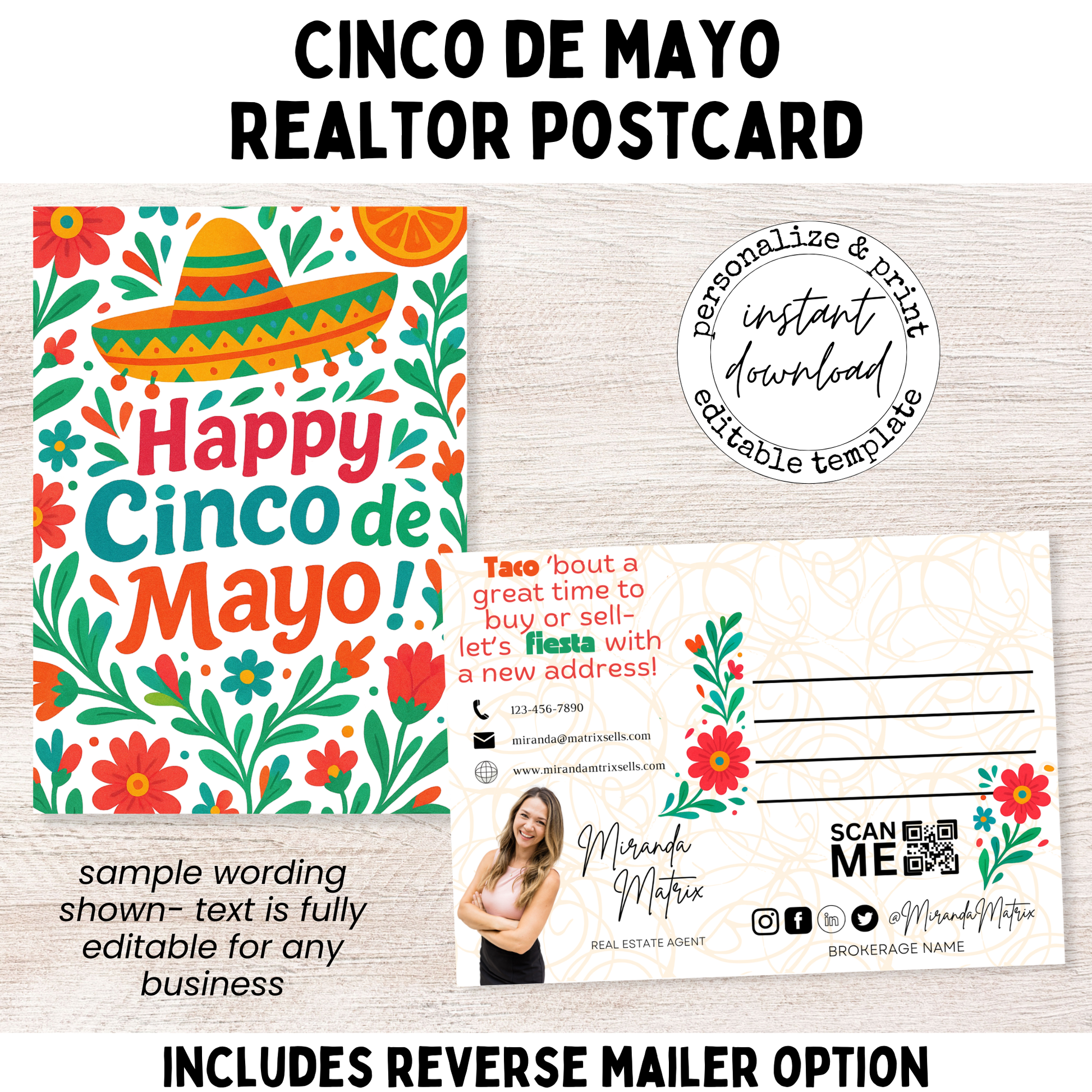 Cinco de Mayo realtor postcard template with colorful sombrero and floral design, editable Canva real estate marketing postcard with front and back mailer layout.