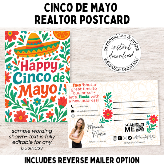 Cinco de Mayo realtor postcard template with colorful sombrero and floral design, editable Canva real estate marketing postcard with front and back mailer layout.