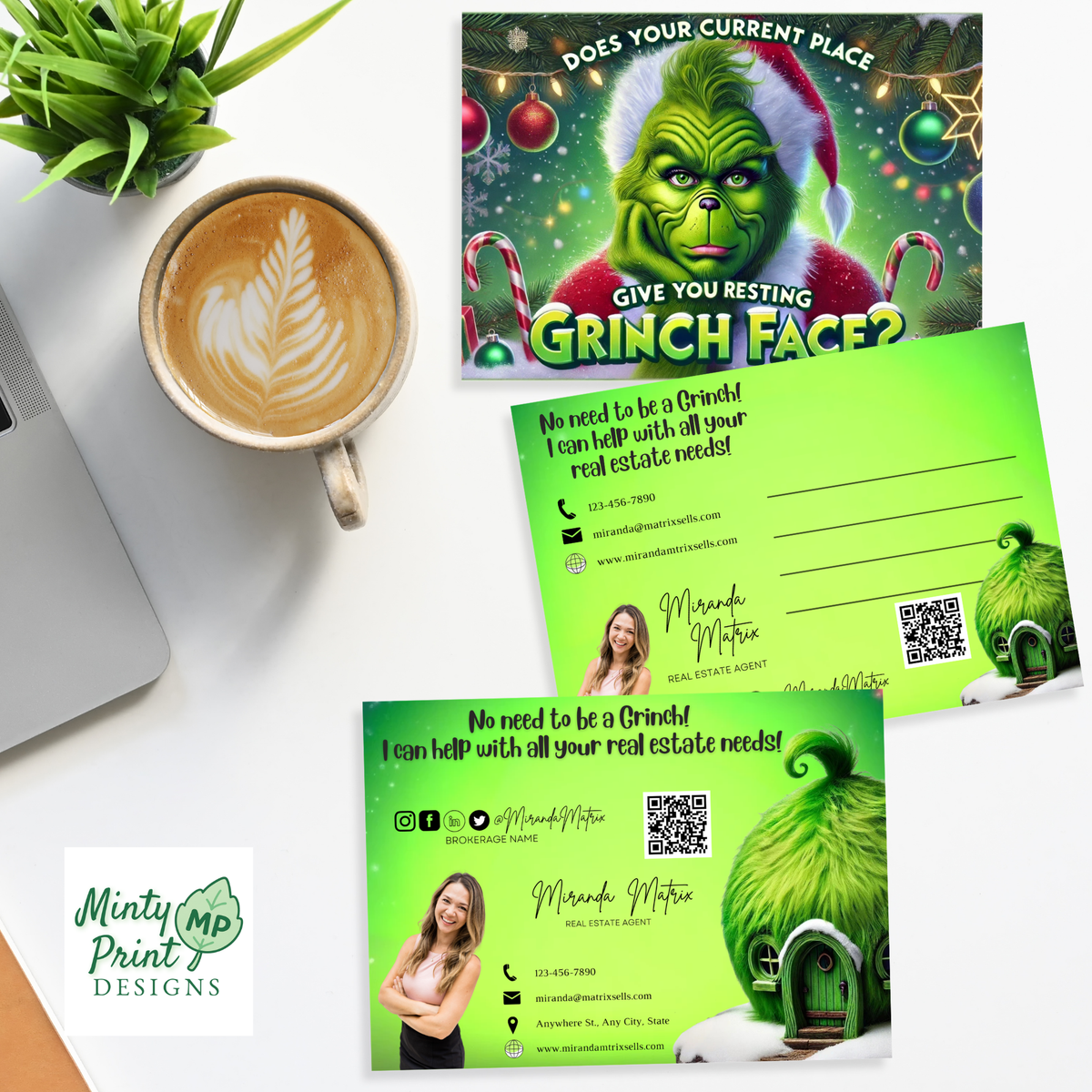 Festive green holiday real estate marketing postcard for client mailers and Christmas pop by gifts