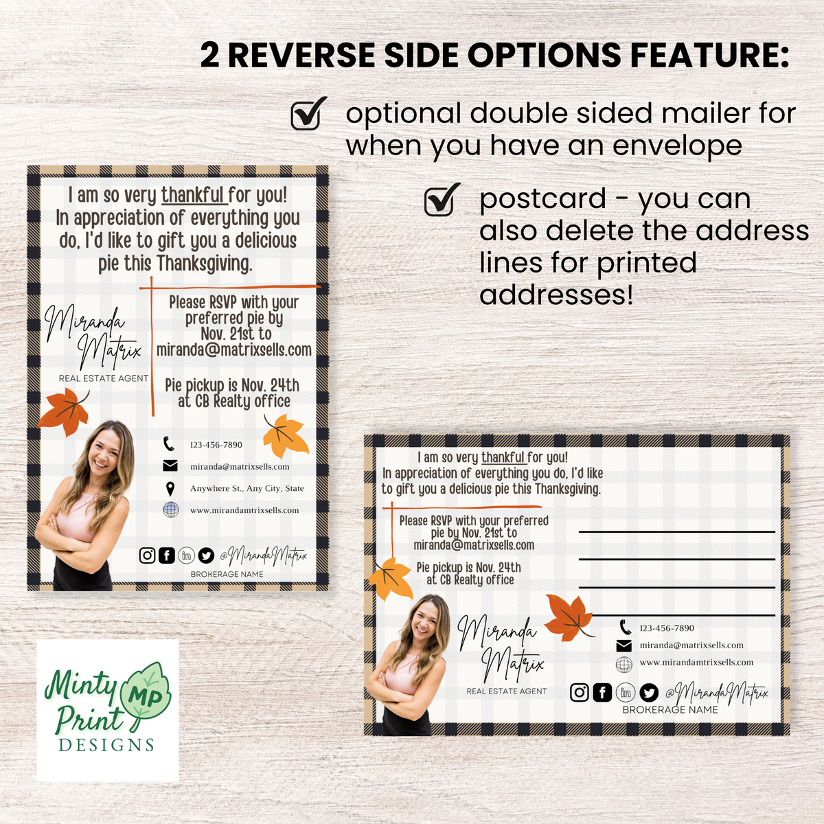 Realtor Thanksgiving pie pickup postcard featuring pecan pie, plaid fall design and client appreciation message