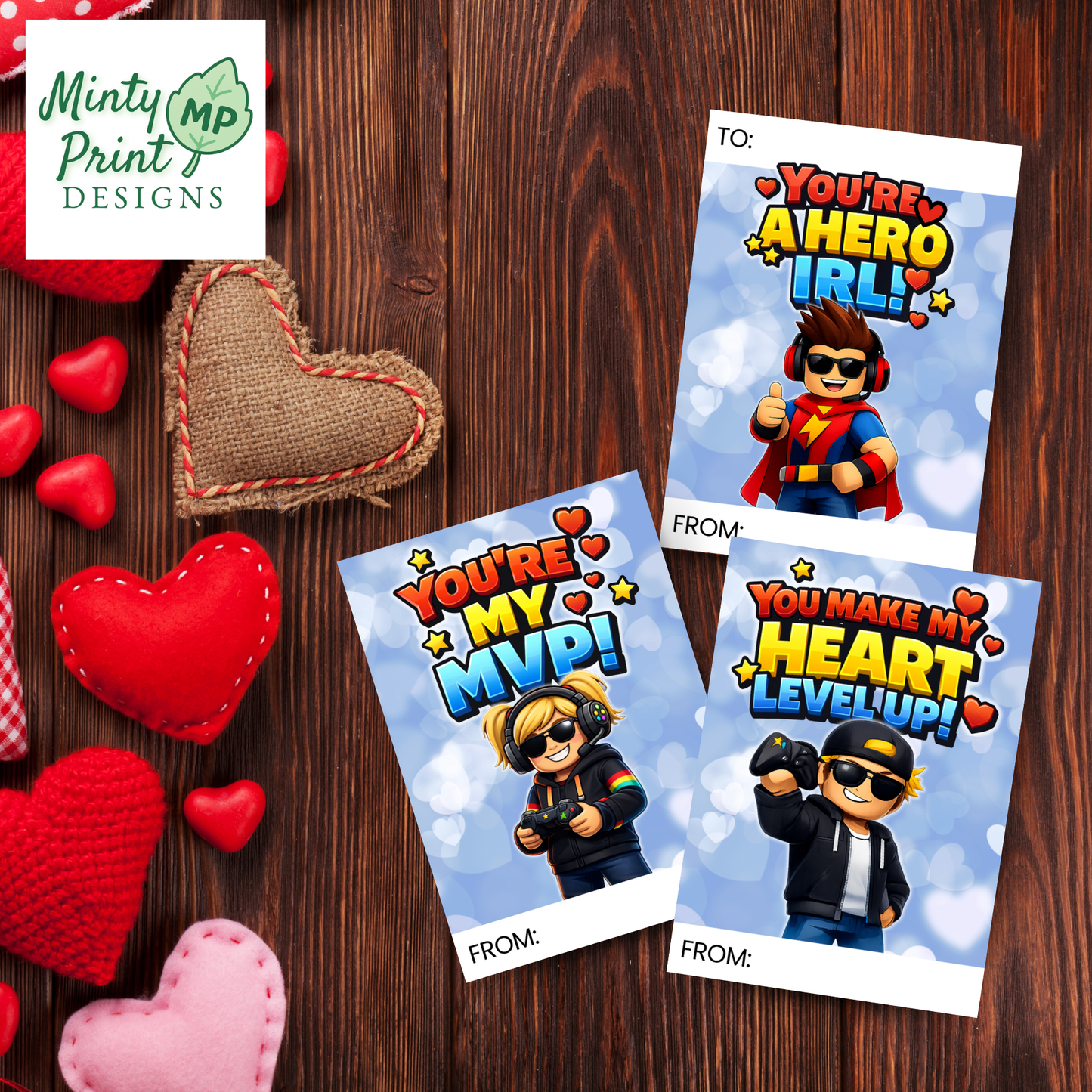 Printable gamer Valentine cards with Roblox-style characters and colorful video game text for kids classroom exchange