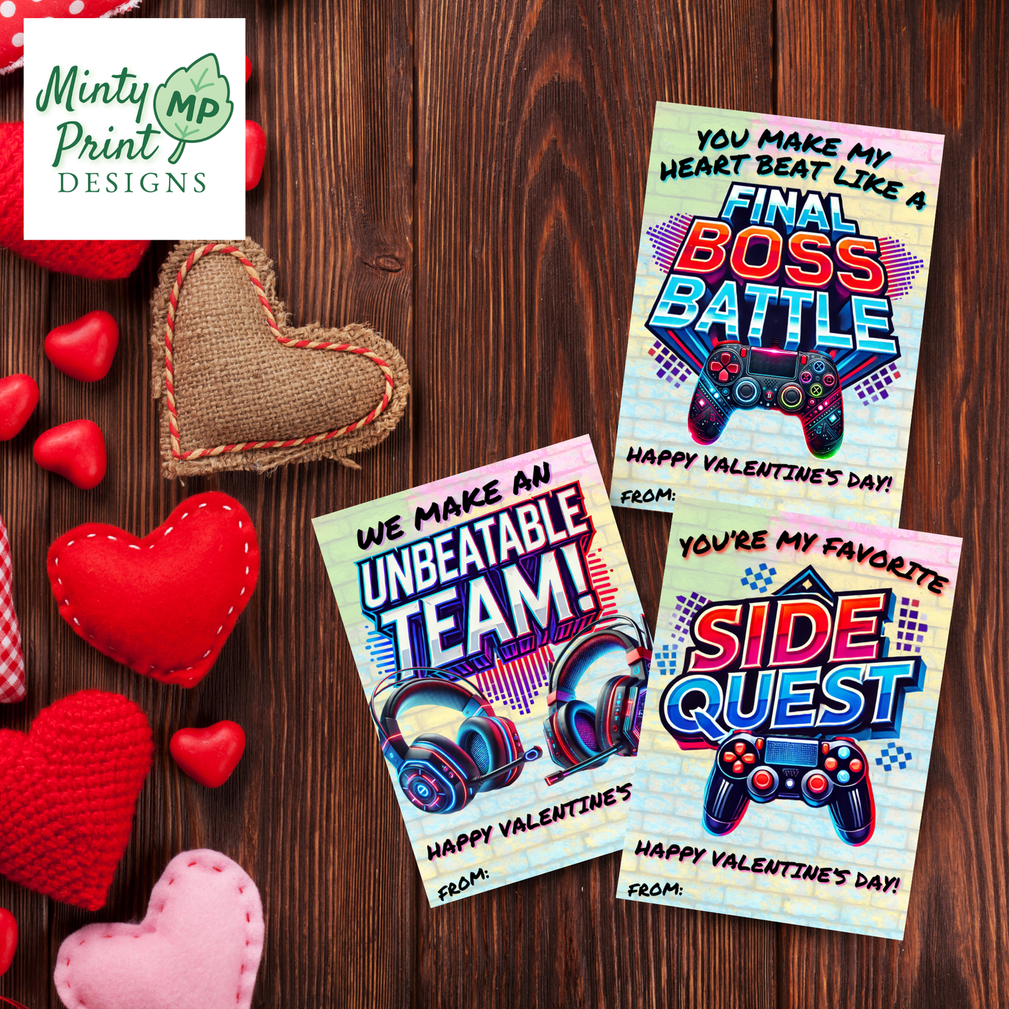 Printable gamer-themed Valentines featuring colorful controller designs inspired by PlayStation and Xbox style gaming. Includes fun phrases and vibrant blue and purple accents.