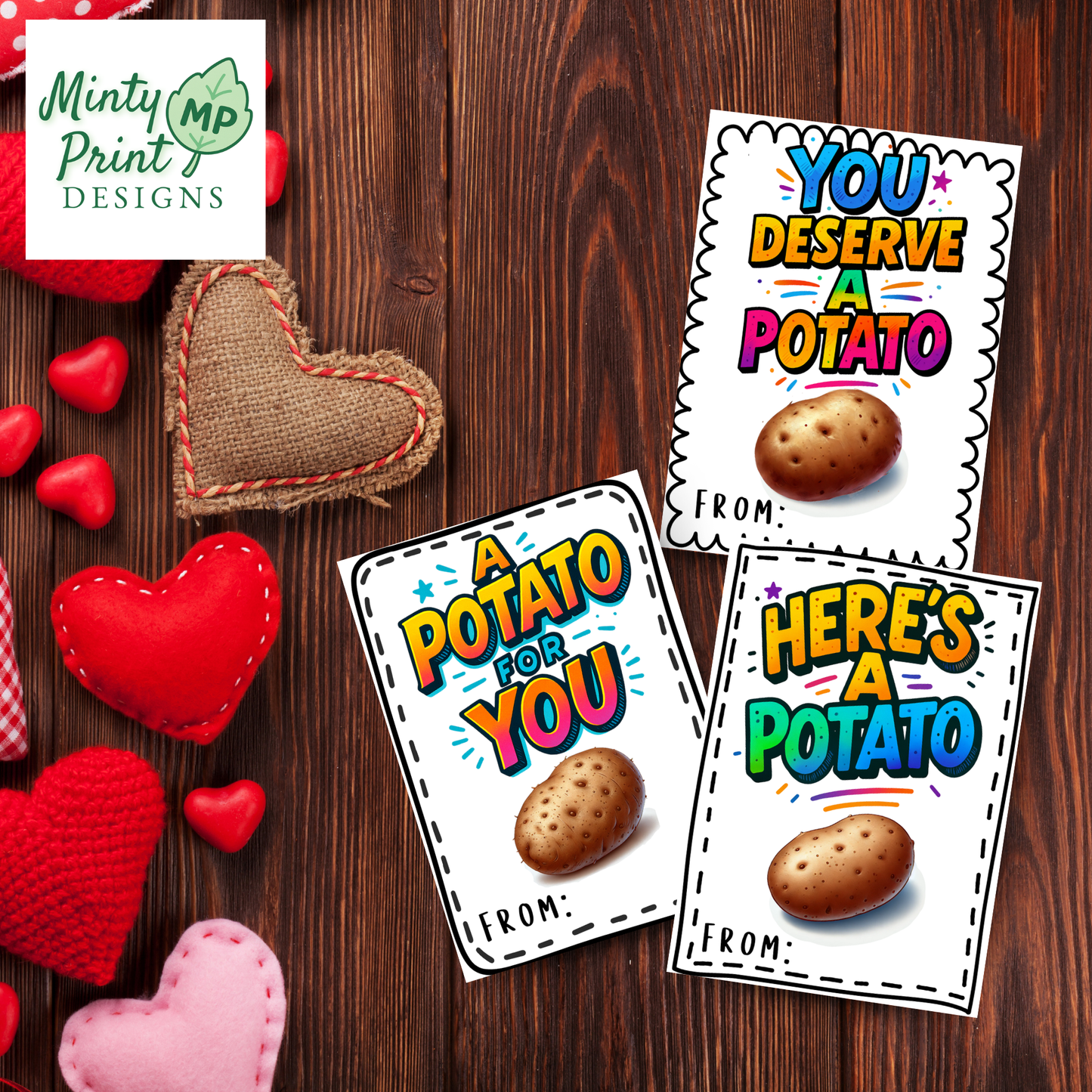 Colorful printable valentine card with neon text reading A Potato For You and a realistic potato illustration on a white background.
