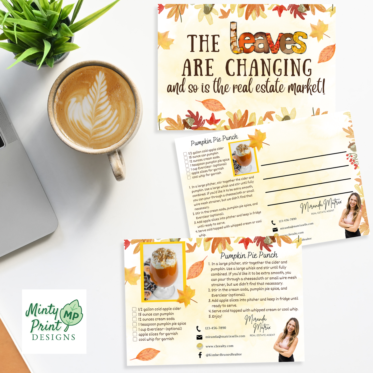 Fall real estate marketing postcard with colorful leaves, Pumpkin Pie Punch recipe and agent details