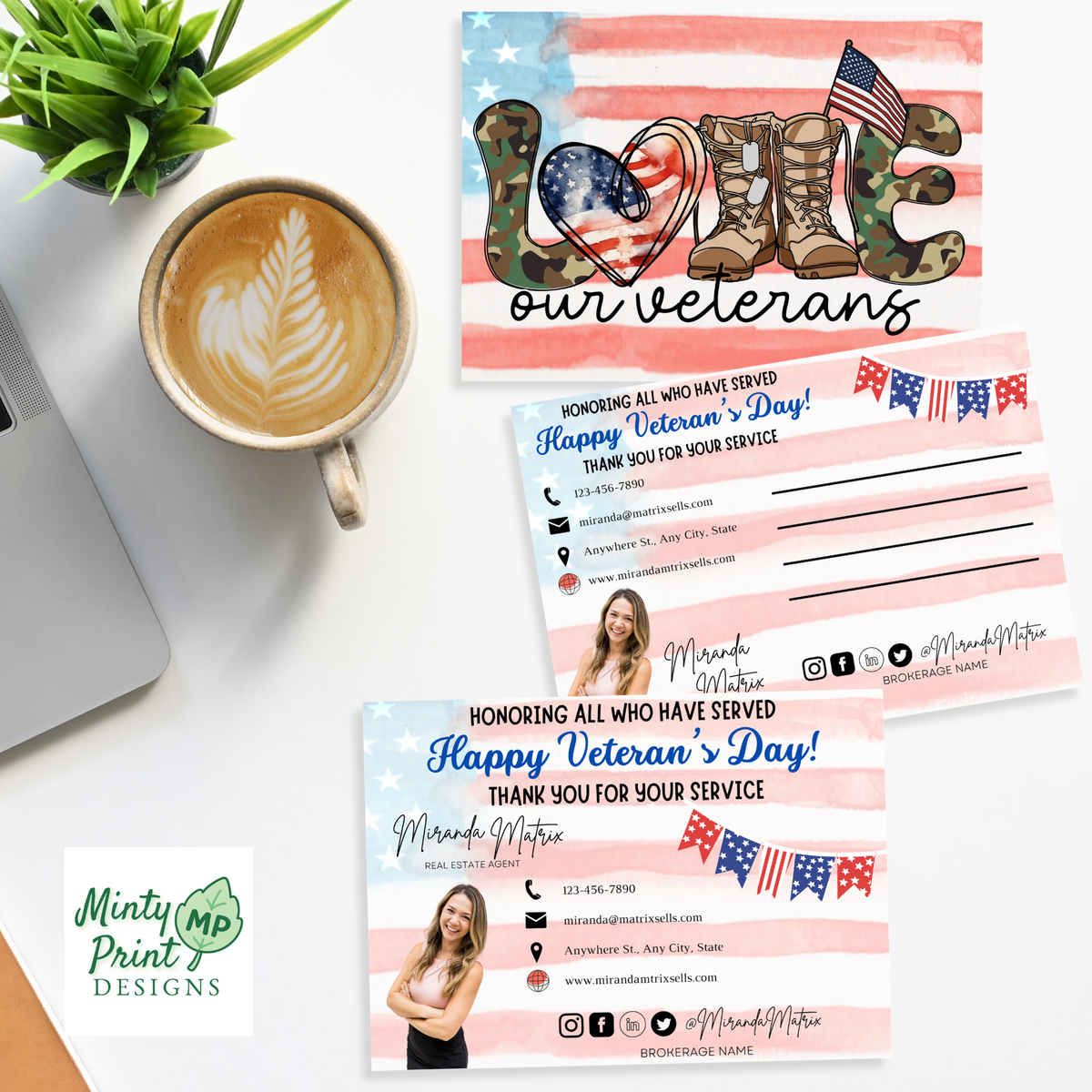 Editable Canva Veterans Day realtor postcard with patriotic bunting and customizable agent branding
