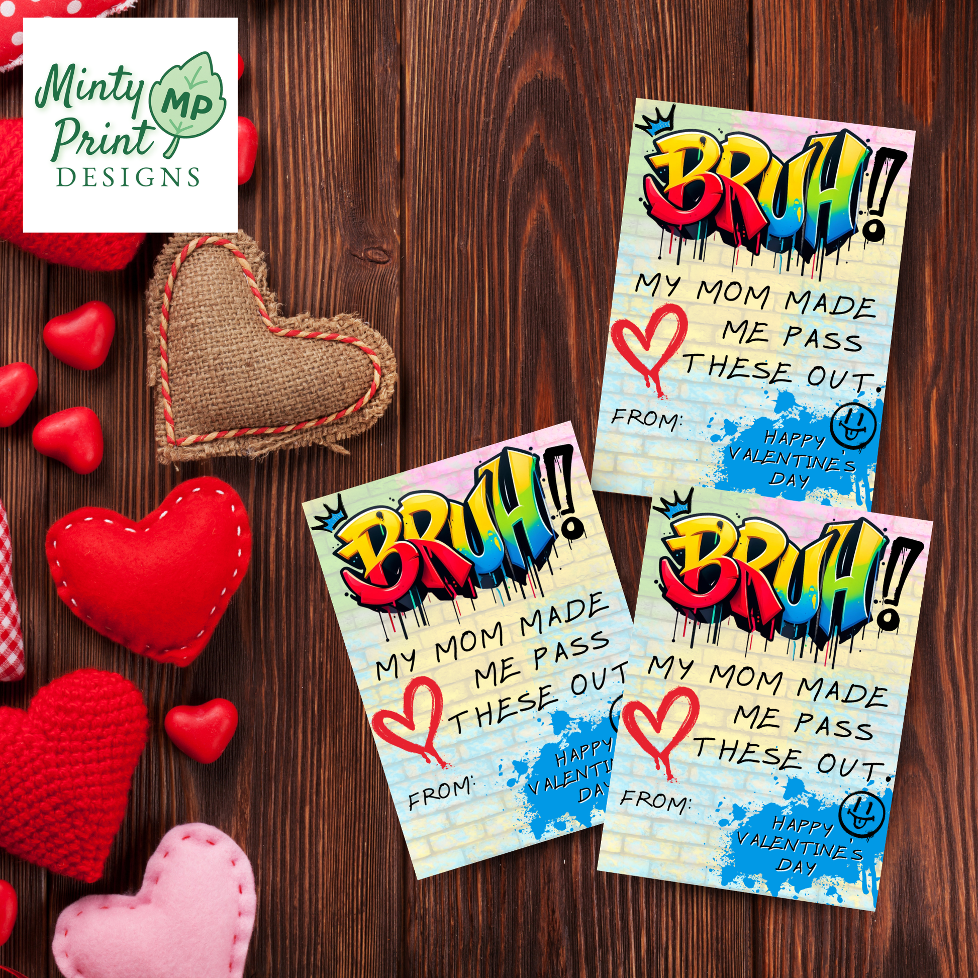 Trendy Bruh Valentine card layout showing colorful designs sized for easy home printing.