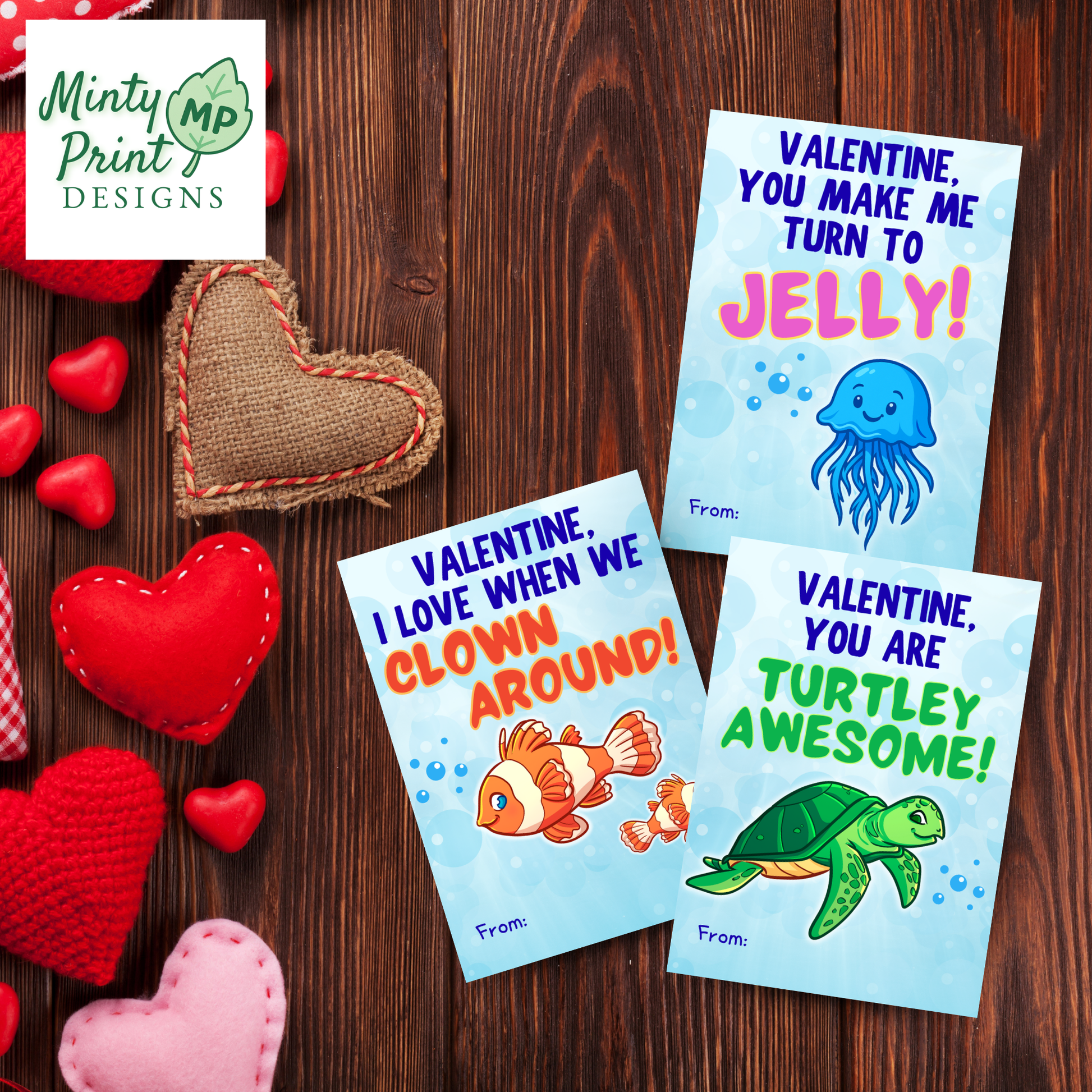 Ocean-themed Valentine cards for kids featuring sharks, dolphins, turtles, and other sea animals