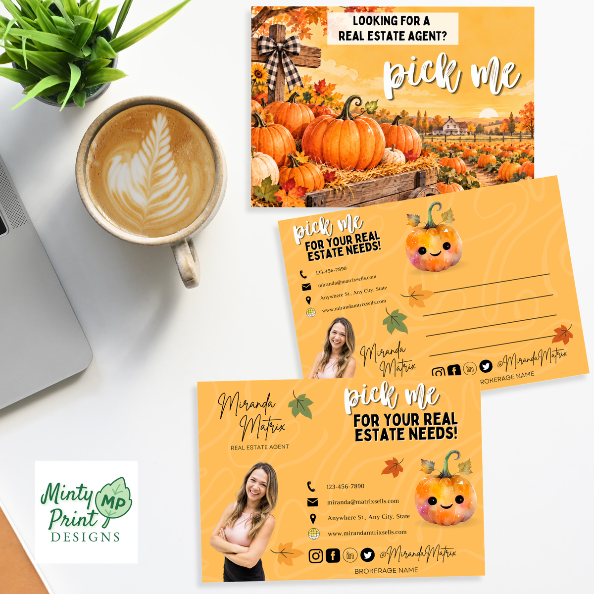 Fall themed realtor postcard for buyers and sellers with pumpkin patch artwork and custom branding