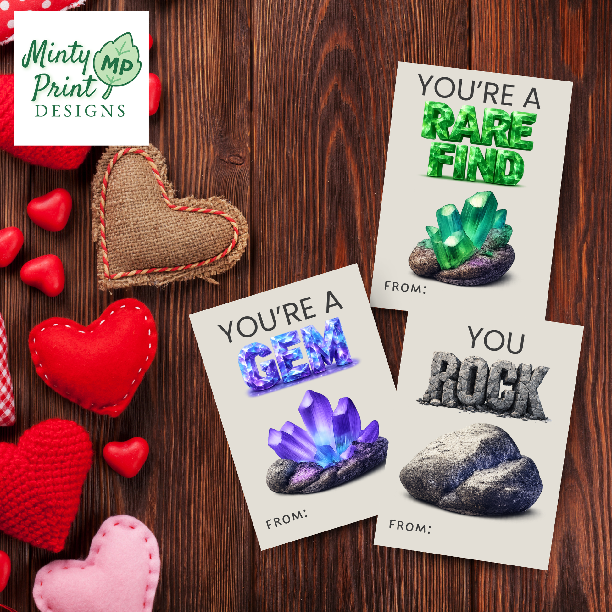 Printable “You’re a Rare Find” Valentine card with emerald gemstone text and green crystal rock, rock themed valentines for kids
