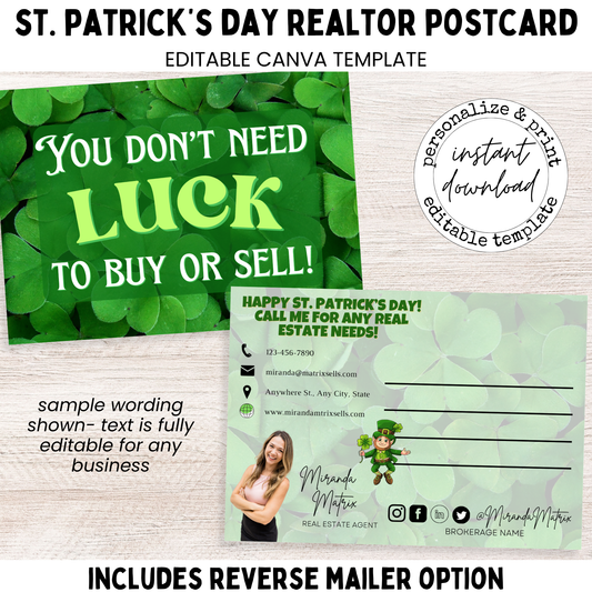 St. Patrick’s Day realtor postcard template in 4x6 and 5x7 sizes with editable Canva design and professional contact layout.