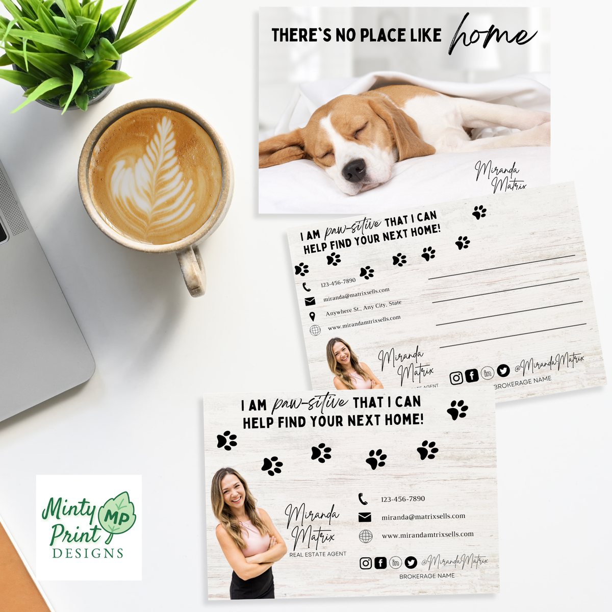 Pet friendly realtor marketing postcard with agent photo and I am paw-sitive I can help find your next home message