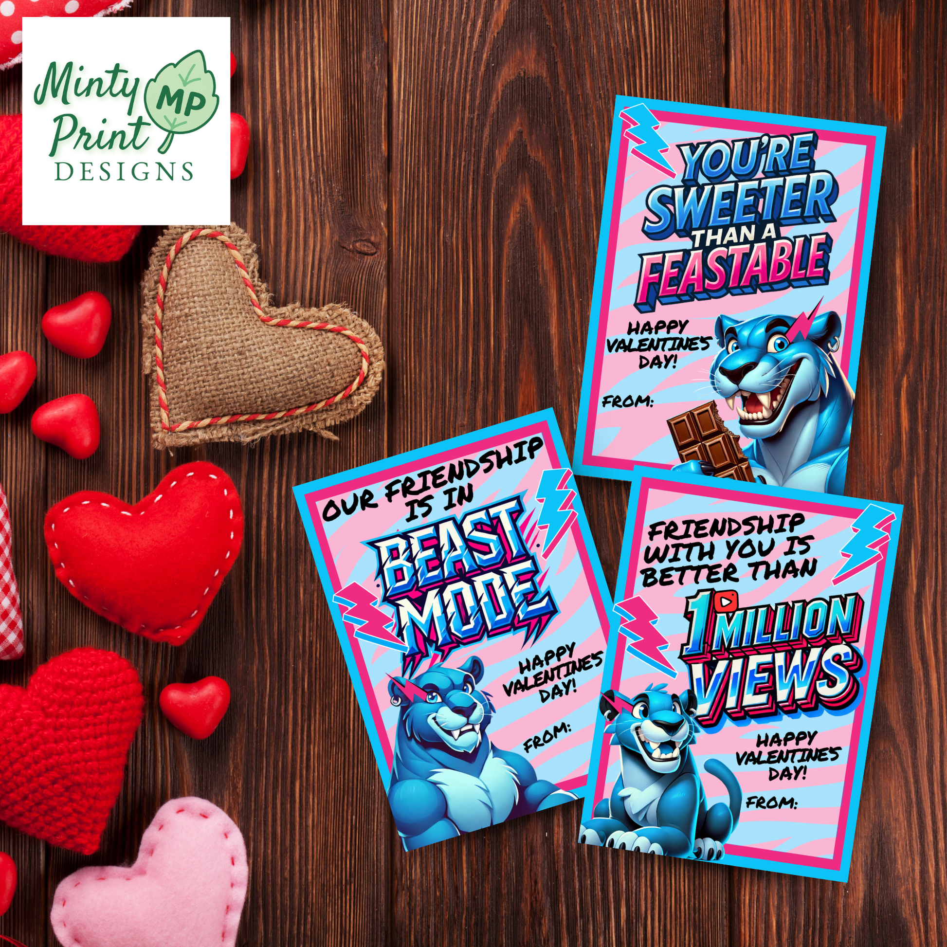 Printable neon panther valentine cards with bold gamer-style colors, lightning bolts, candy bar theme, and a beast-mode vibe great for kids who love gaming creators.