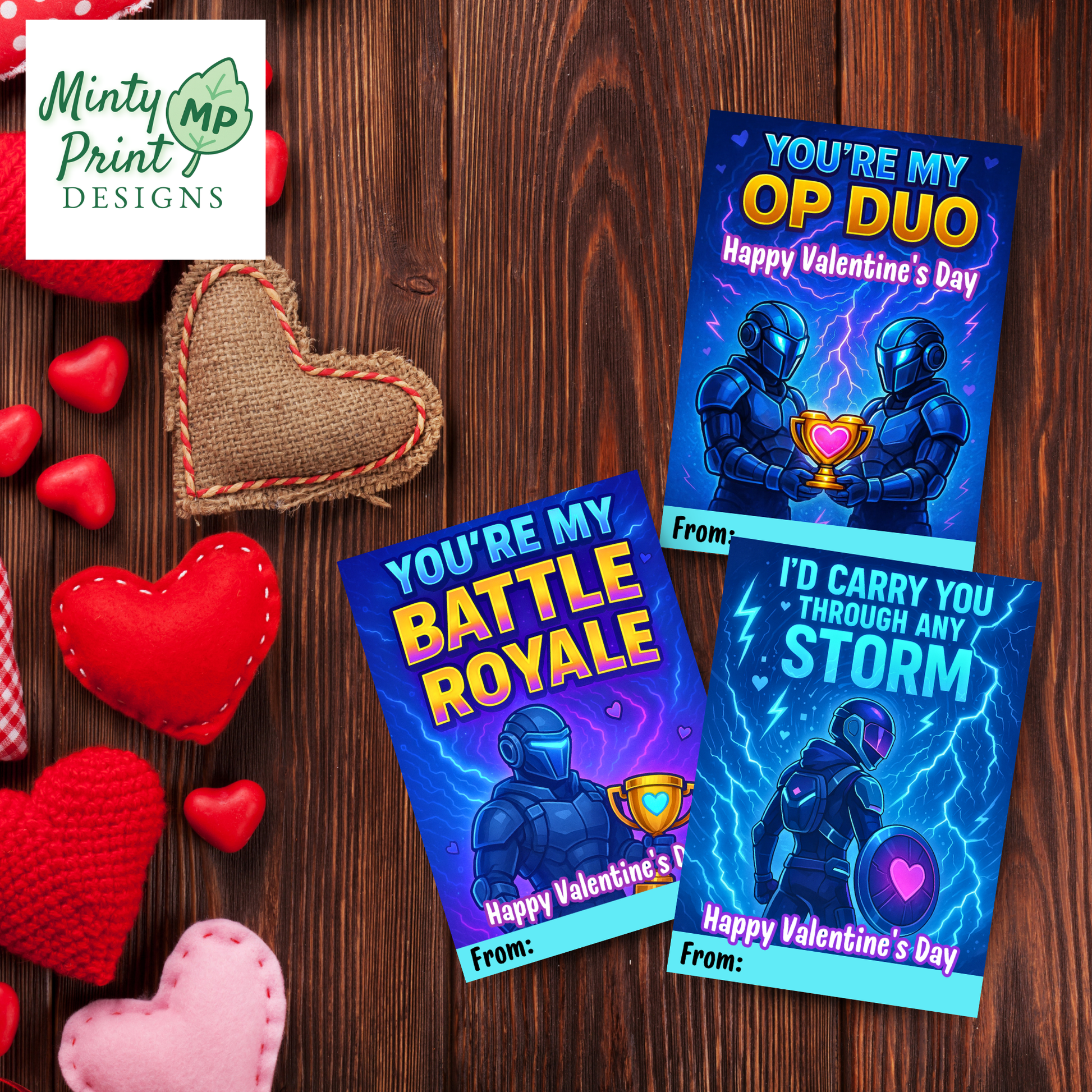 OP Duo gamer Valentine card with futuristic characters, great for Fortnite fans and battle royale players.