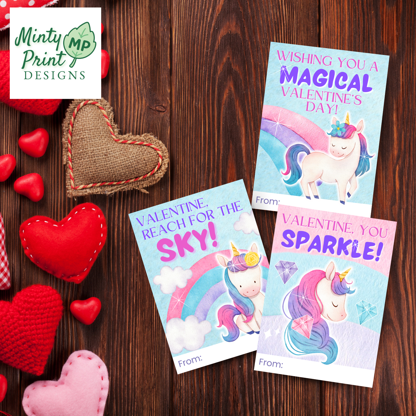 Printable unicorn Valentine cards for kids featuring pastel unicorns, rainbows, sparkles, and sweet classroom Valentine messages