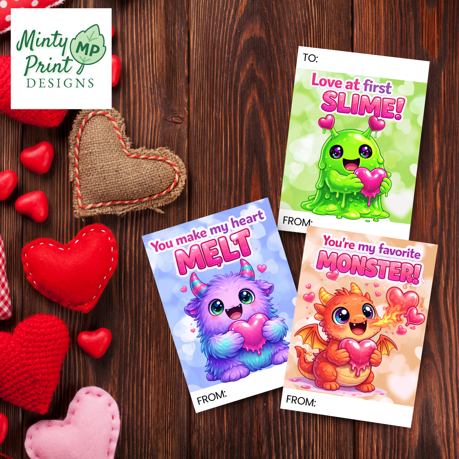 Colorful monster Valentine cards instant download