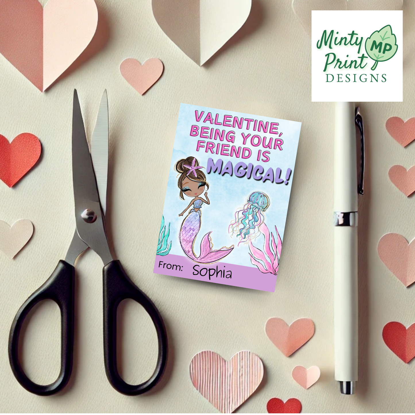Cute pastel mermaid Valentine card for girls, ocean-themed classroom printable PDF