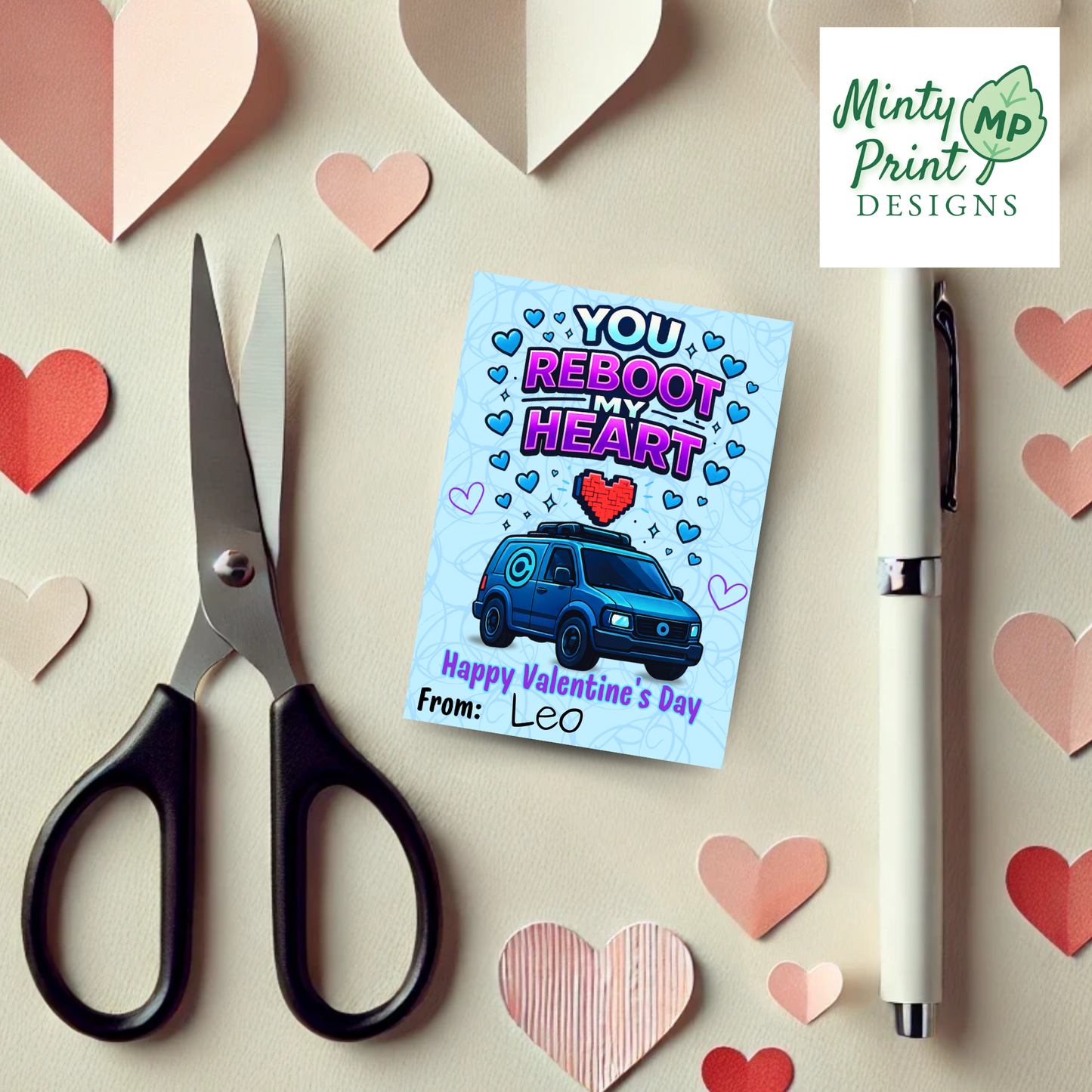 Cute gamer Valentine card with neon reboot design, ideal for kids who enjoy Fortnite style games.