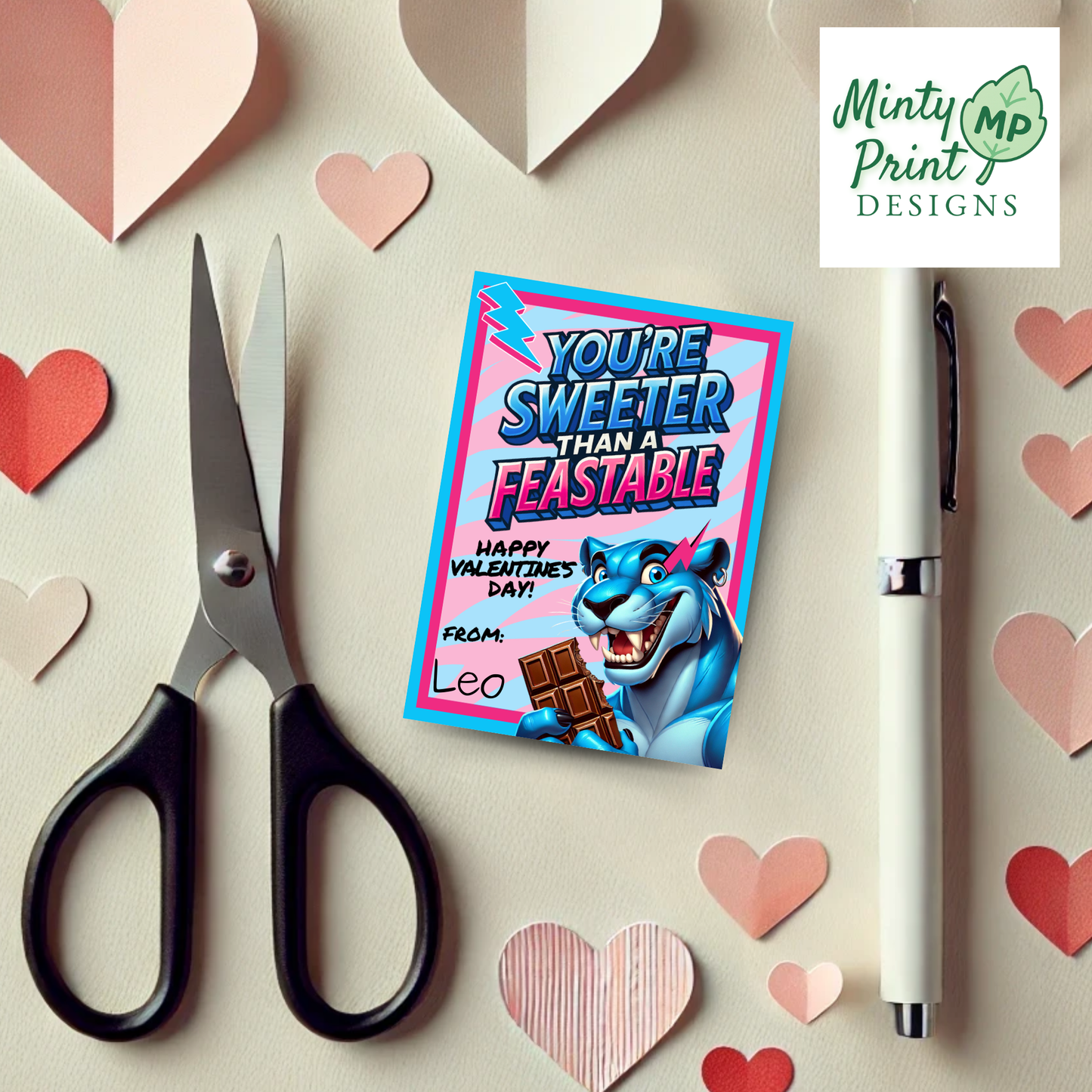 Printable neon panther valentine cards with bold gamer-style colors, lightning bolts, candy bar theme, and a beast-mode vibe great for kids who love gaming creators.