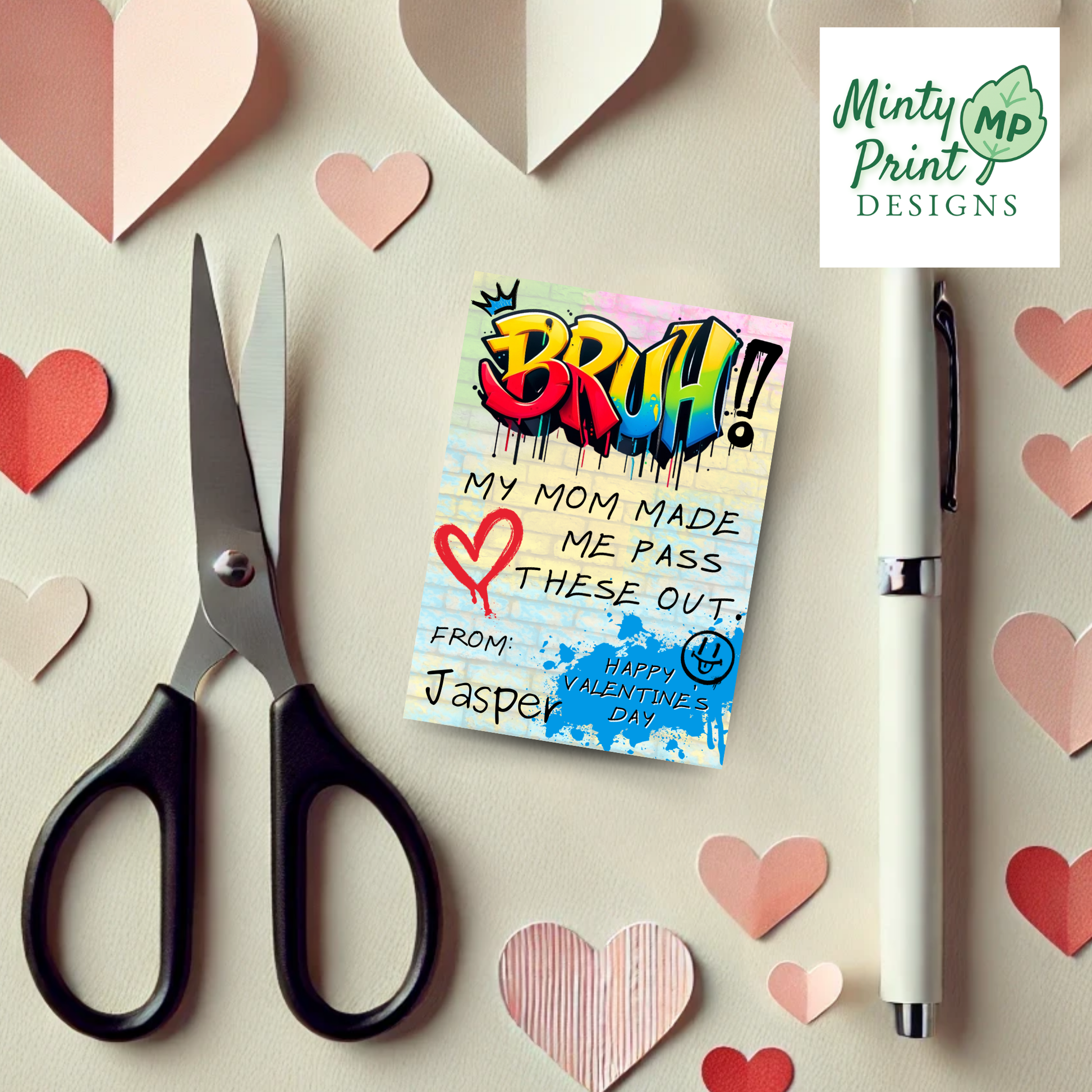 Digital PDF preview of Bruh-themed Valentine cards in vibrant colors, ready to download and print.
