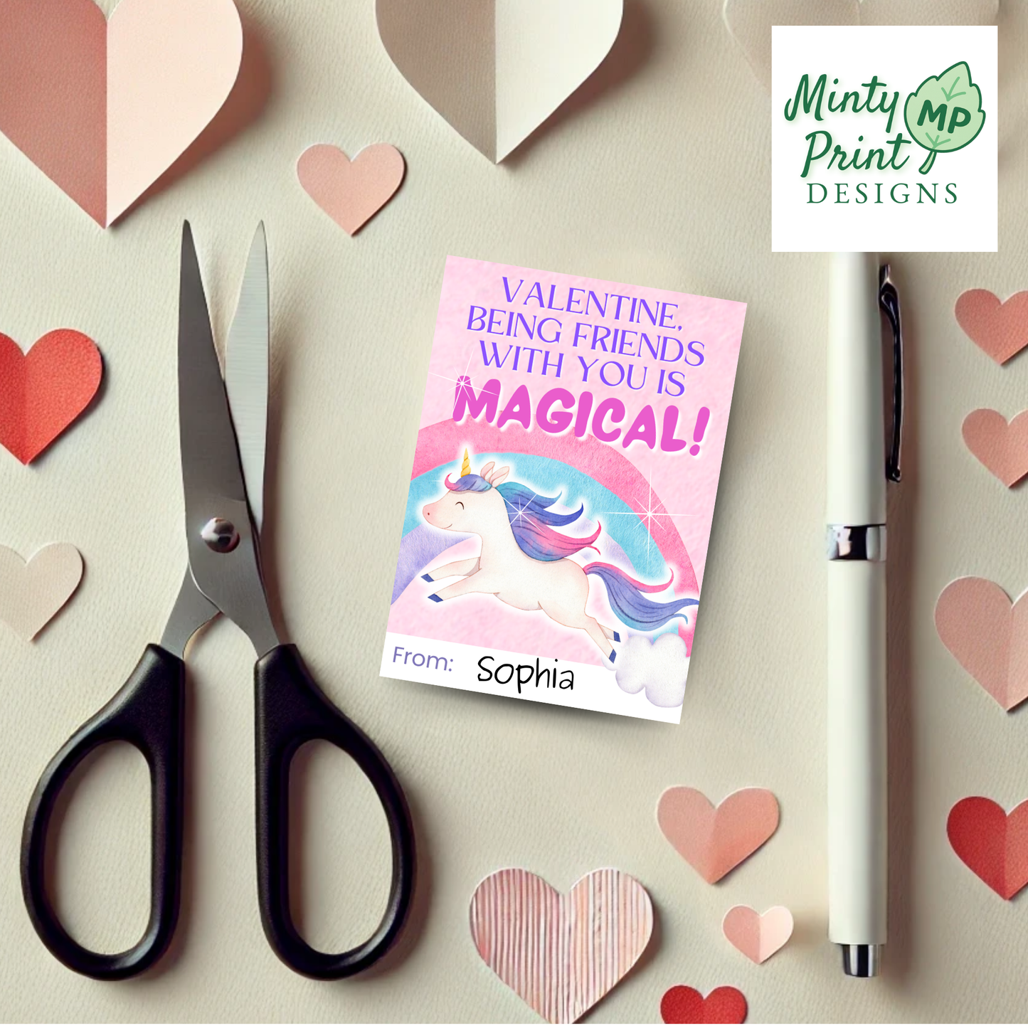 Classroom Valentine card with running unicorn and rainbow that says “Being Friends With You Is Magical”