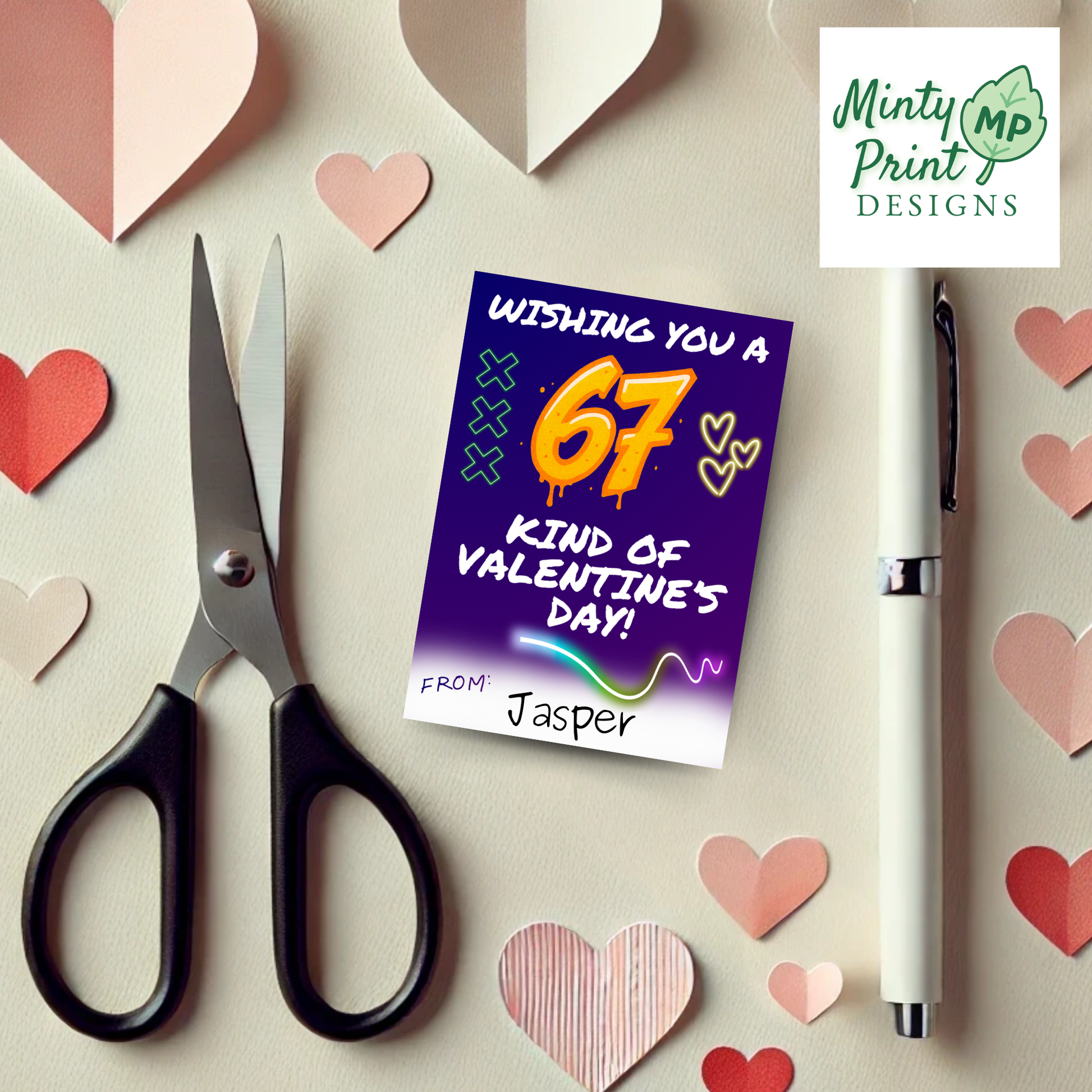 Printable 67-themed Valentine cards with funny teen slang for classroom exchanges