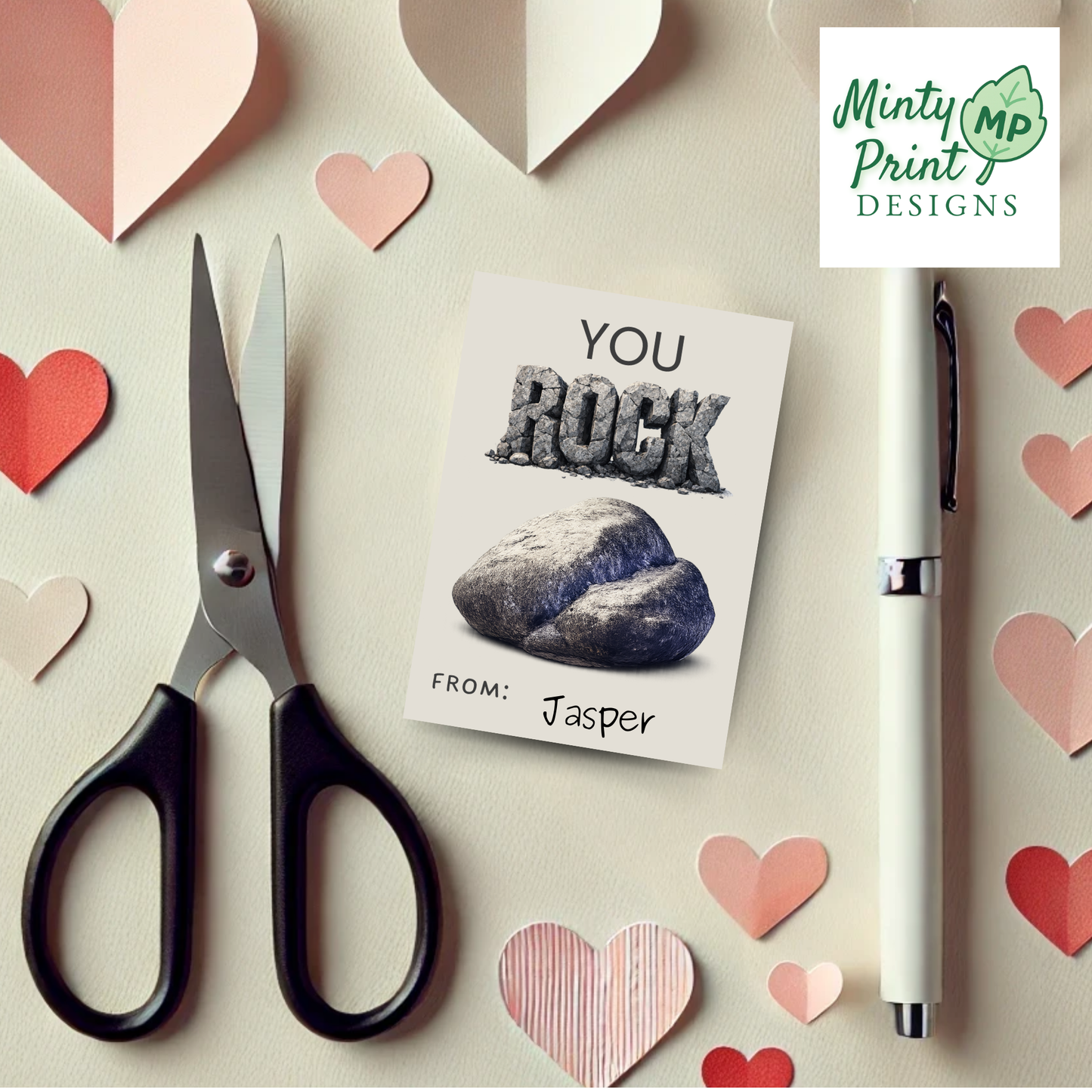 Printable “You Rock” Valentine card with stone rock text and realistic rock illustration, boys classroom Valentine printable