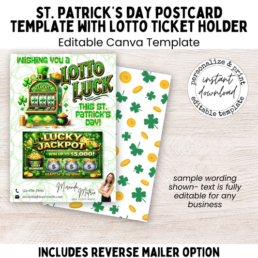 St. Patrick’s Day 5x7 realtor postcard template with 4 x 2.5 inch lotto ticket holder space and editable Canva design.