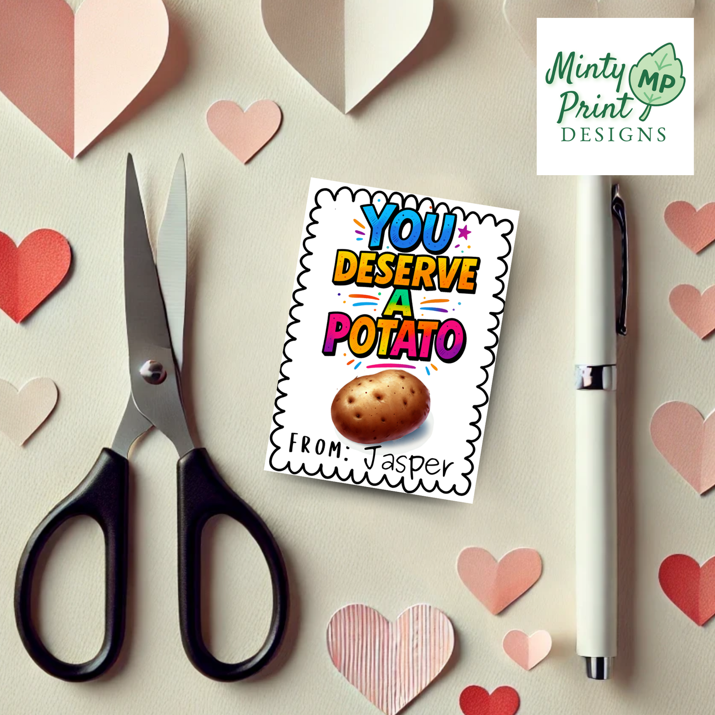 Funny printable valentine card with vibrant colored text that reads Here’s a Potato and a realistic potato illustration below.